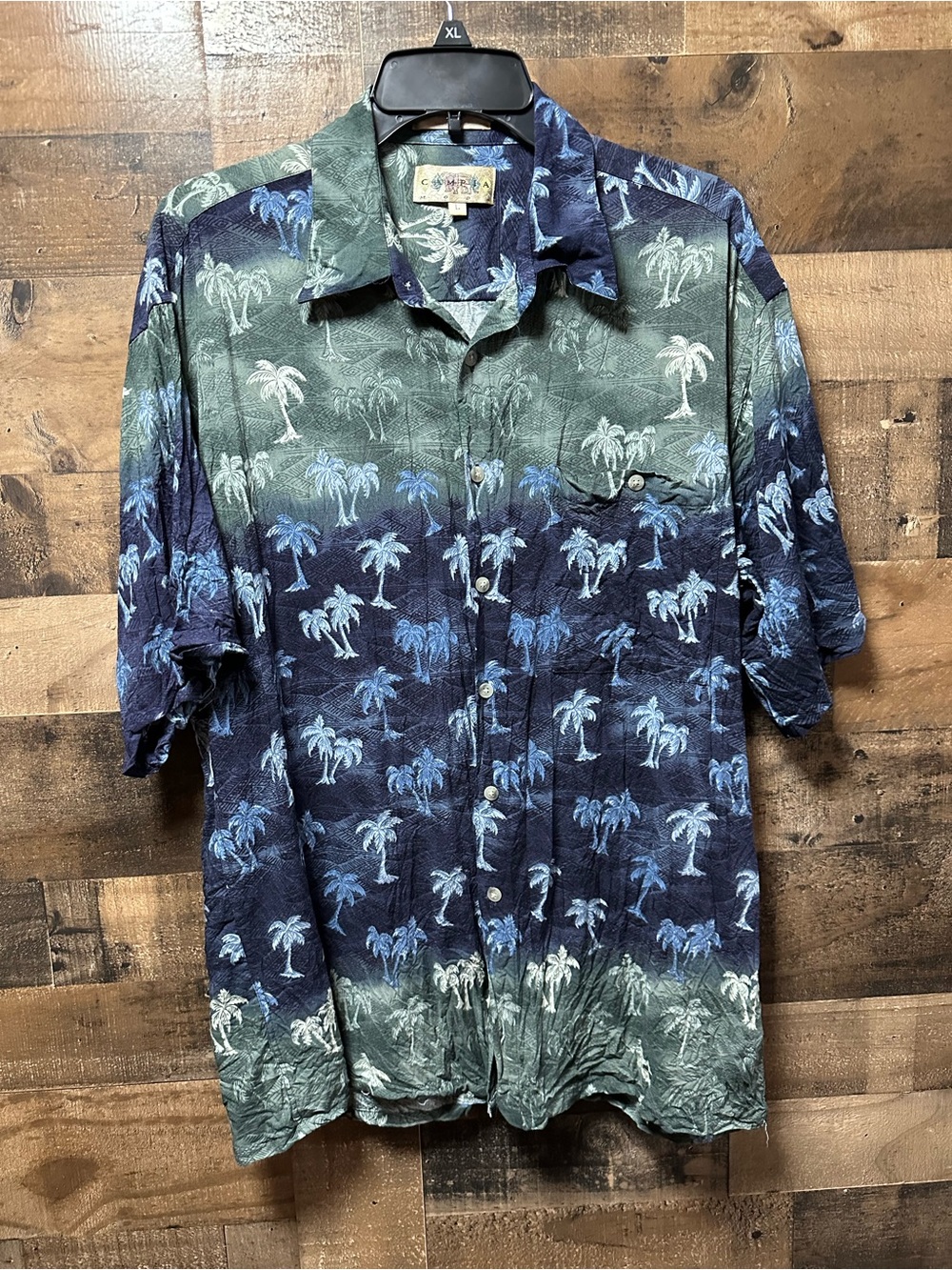 Campia Moda Hawaiian Shirt L Blue Green Palm Tree Rayon Aloha Camp